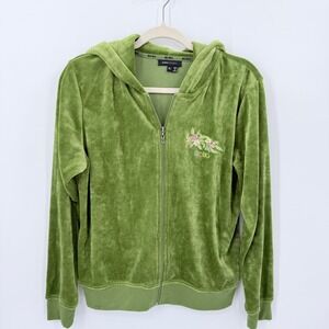 BCBGMAXAZRIA Lime Green Velour Zip Up Hoodie Embroidered Bird Floral Sequin XL